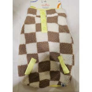 Oodles Dog Apparel Sherpa Fleece Vest Medium Tan Cream Checkered Neon Yellow NEW